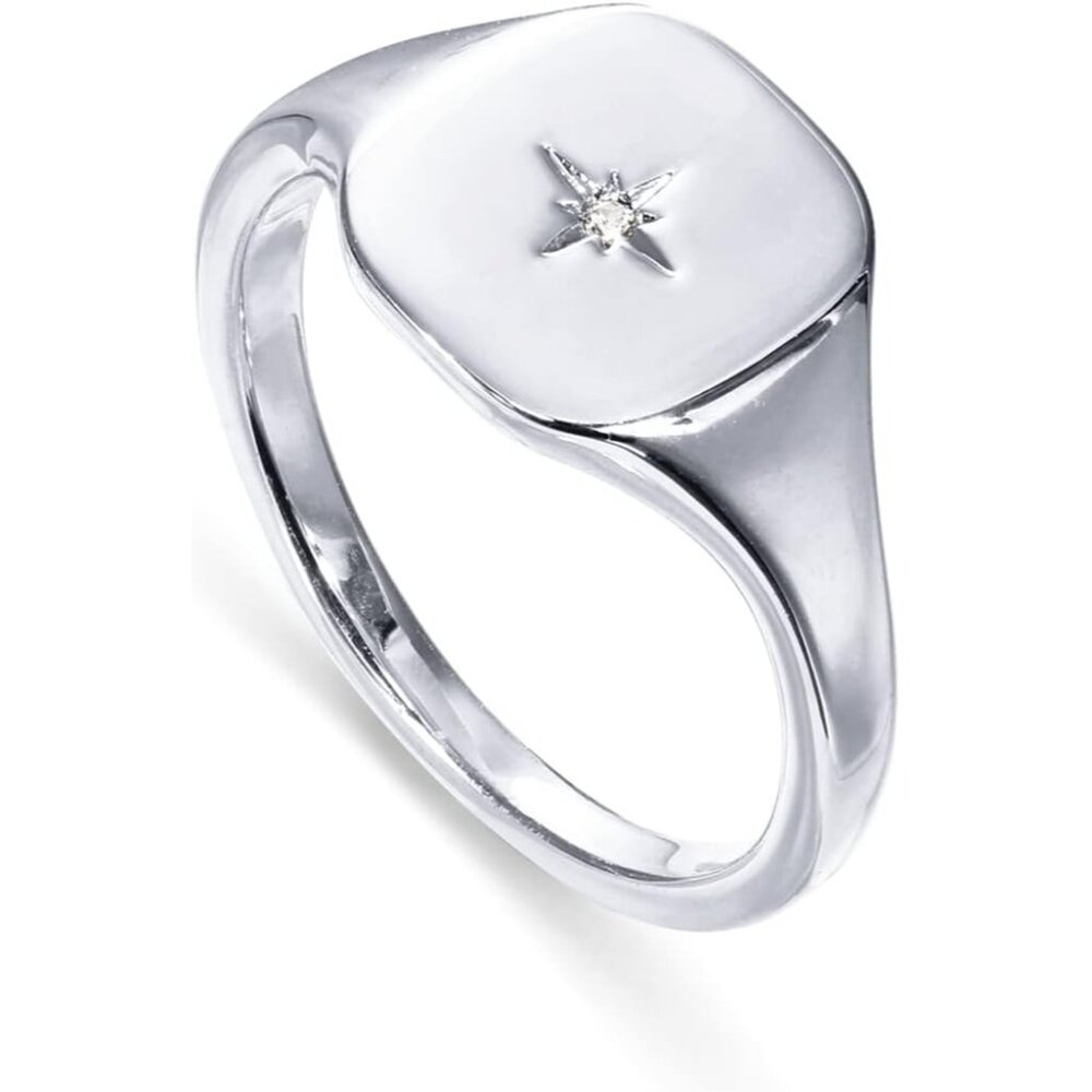 Women 14K Gold Plated Engraved Signet Ring with North Star Thick Statement
